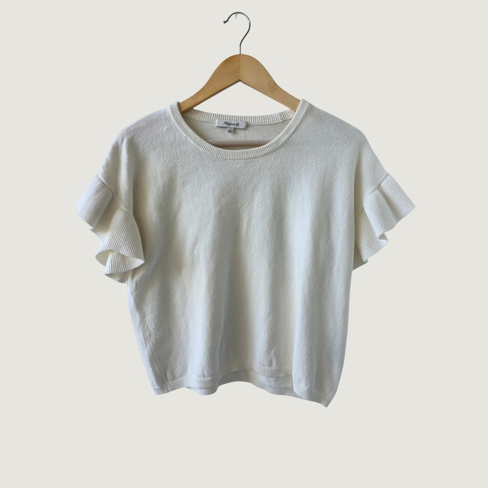 Madewell Sweater Tee Ivory Cream Ruffle Sleeve Office Coquette Blouse‎ Small EUC